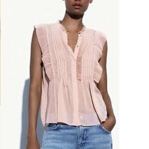Zara- Sheer Ruffle Button Up Sleeveless Blouse Blush Pink - NWT - S